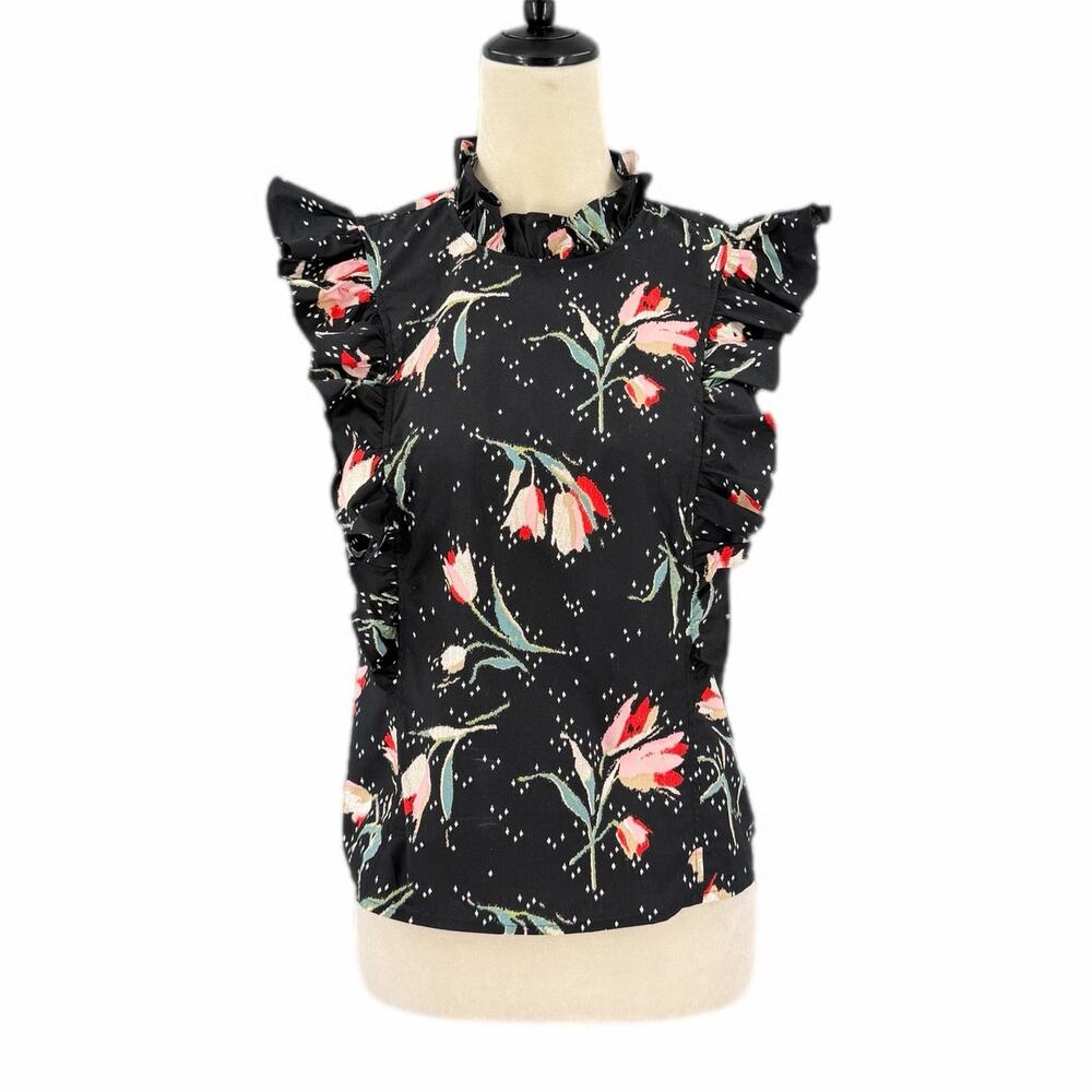 Rebecca Taylor Black Tulip Floral Poplin Cotton Ruffle Romantic Work Blouse Top